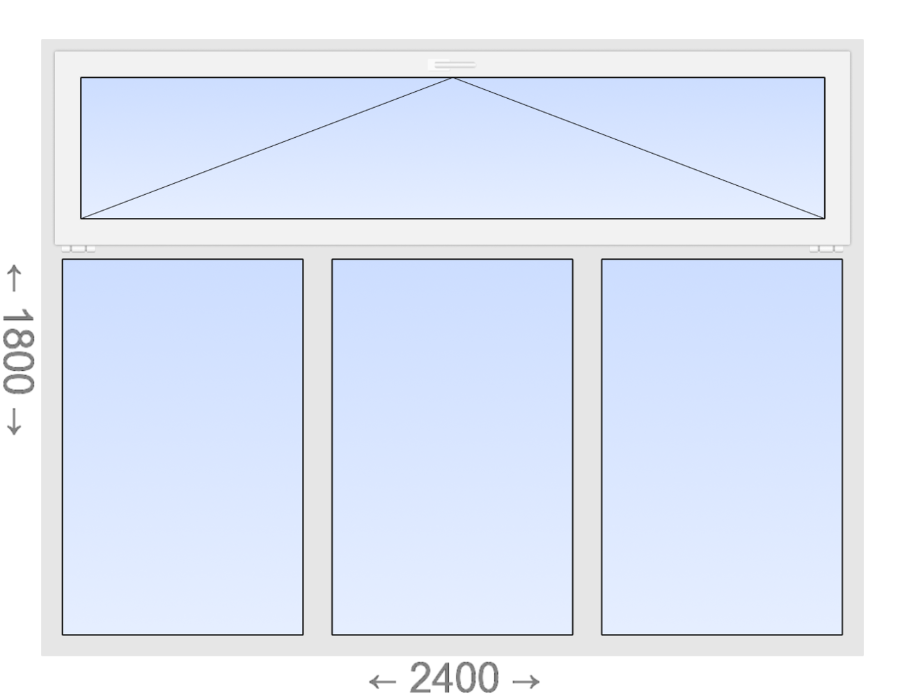 Трехстворчатое ПВХ окно с откидной фрамугой 2400x1800 Г-Г-Г Wellwin